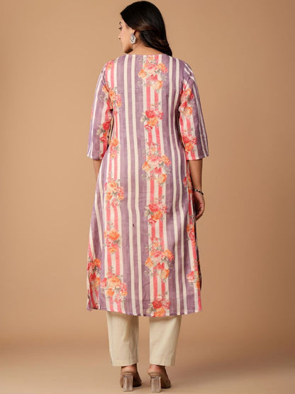 Floral Printed Pleated Pure Cotton A-Line Kurta with Trousers