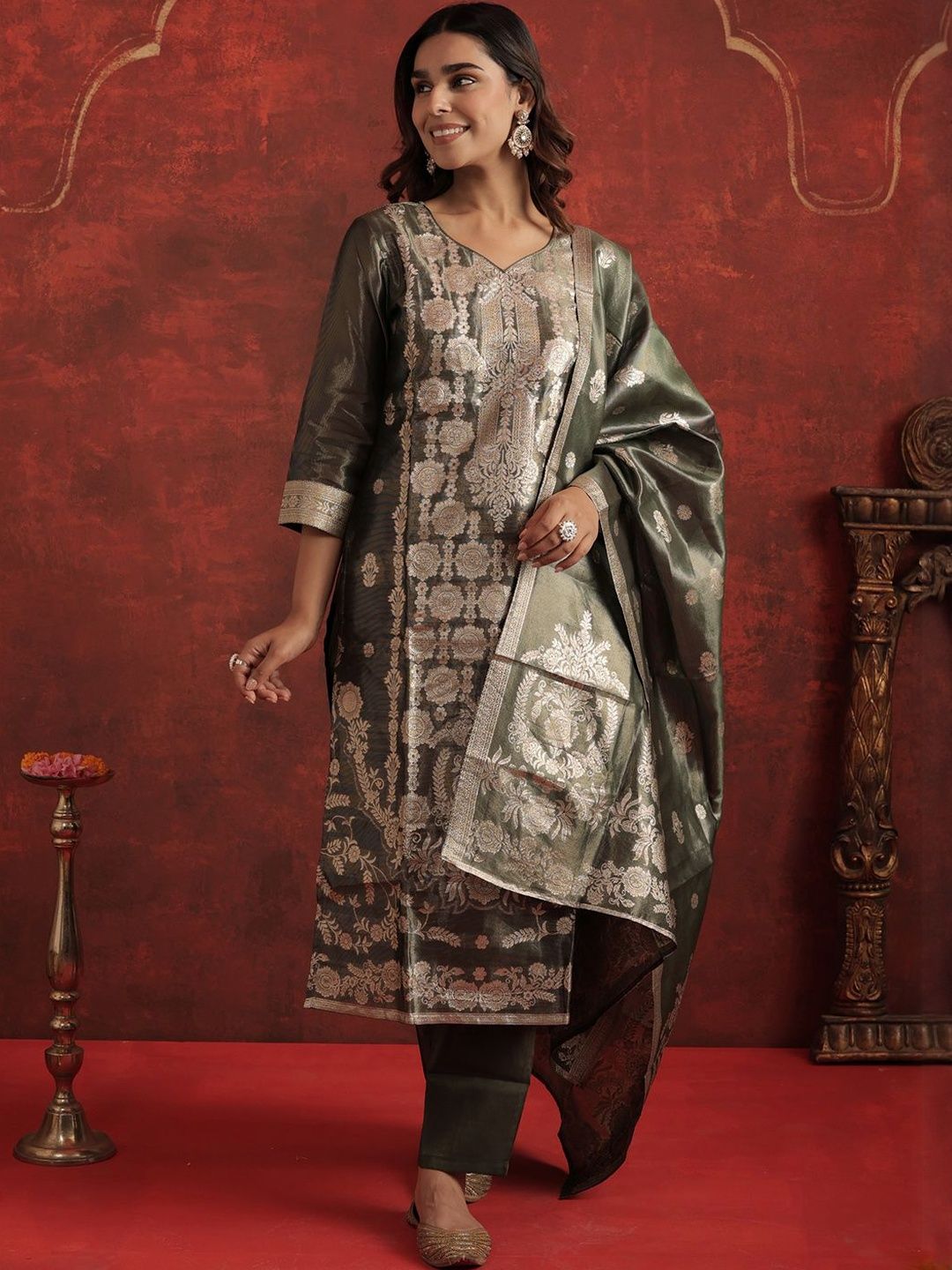 Woven Design V-Neck Zari Straight Kurta With Trousers & Dupatta
