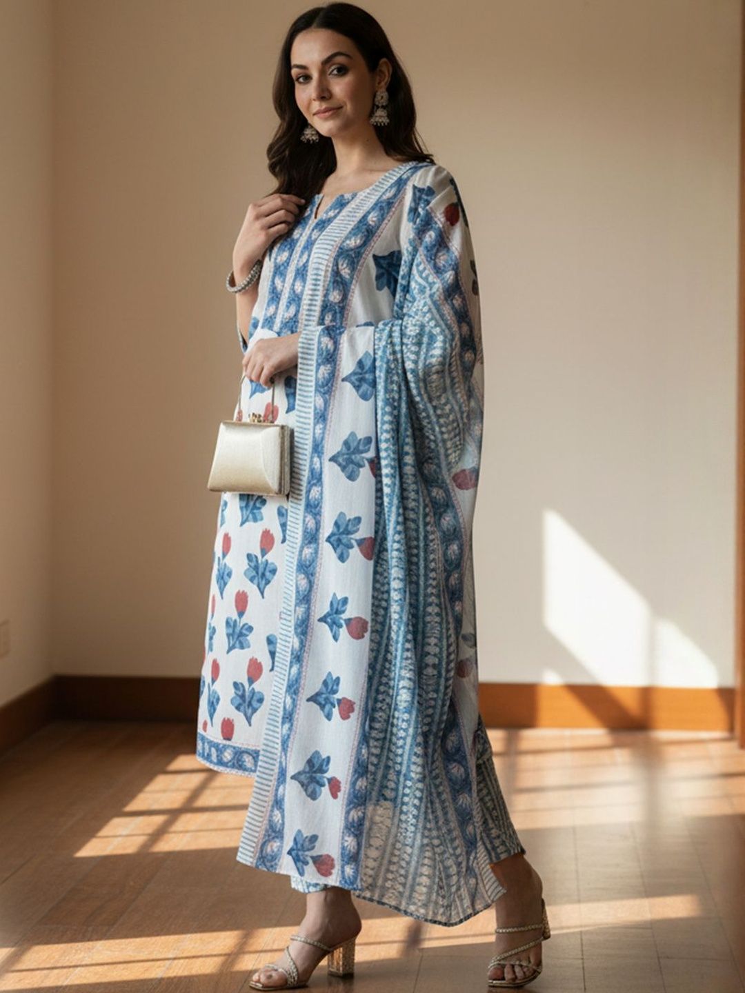 Floral Printed Pure Cotton Kurta With Trousers & Dupatta