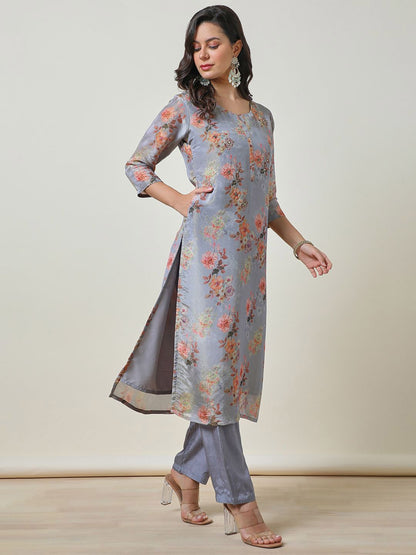 Dhiyona SO Women's Blue Floral Printed Beads and Stones Straight Kurta With Trousers