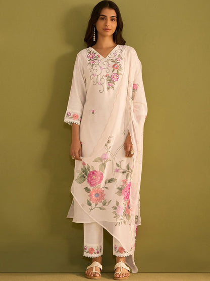 Floral Embroidered Thread Work Straight Kurta With Trouser And Dupatta