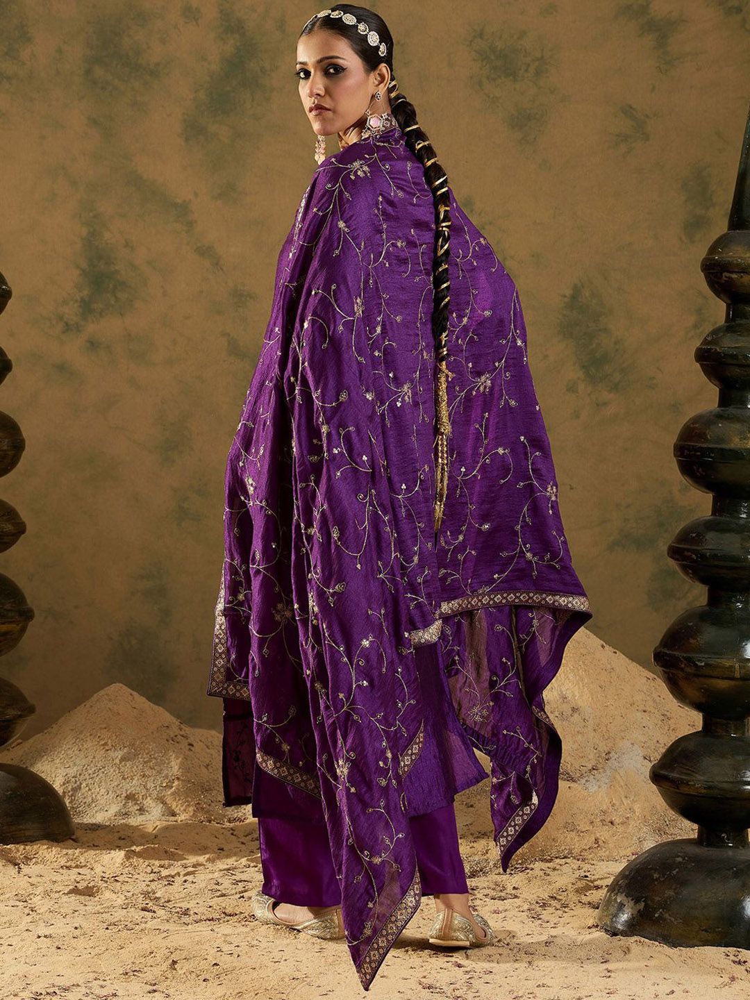 Dhiyona IE Floral Embroidered Sequinned Straight Kurta with Trousers & Dupatta