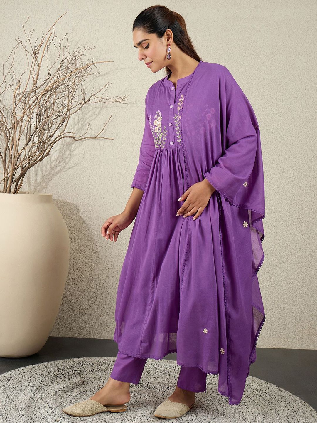 Floral Embroidered Anarkali Thread Work Pure Cotton Kurta With Trousers & Dupatta