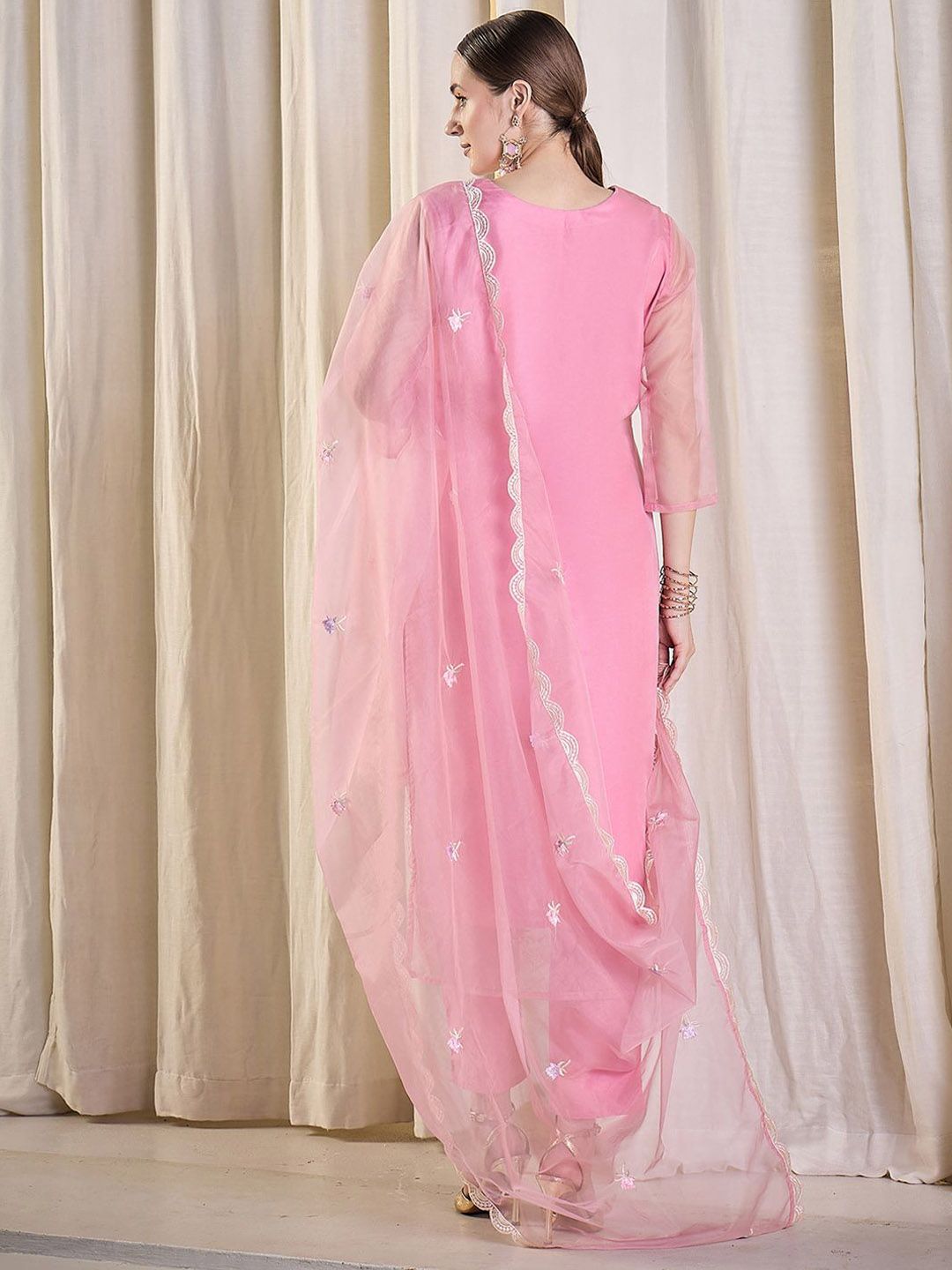 Floral Embroidered Thread Work Organza Kurta With Trousers & Dupatta