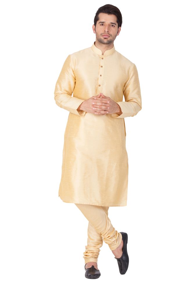 Men's Gold Silk Blend Straight Kurta Pyjama Set