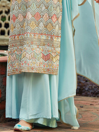 Dhiyona WP Floral Embroidered Sequinned Straight Kurta With Sharara & Dupatta