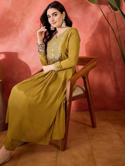 Dhiyona SN Women's Zari & Sequin Embroidered Lace Work Kurta & Trousers