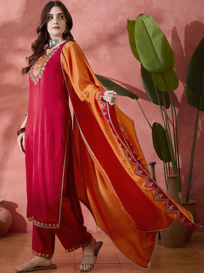 Dhiyona SN Women's Embroidered Sequence Straight Kurta & Trouser With Dupatta