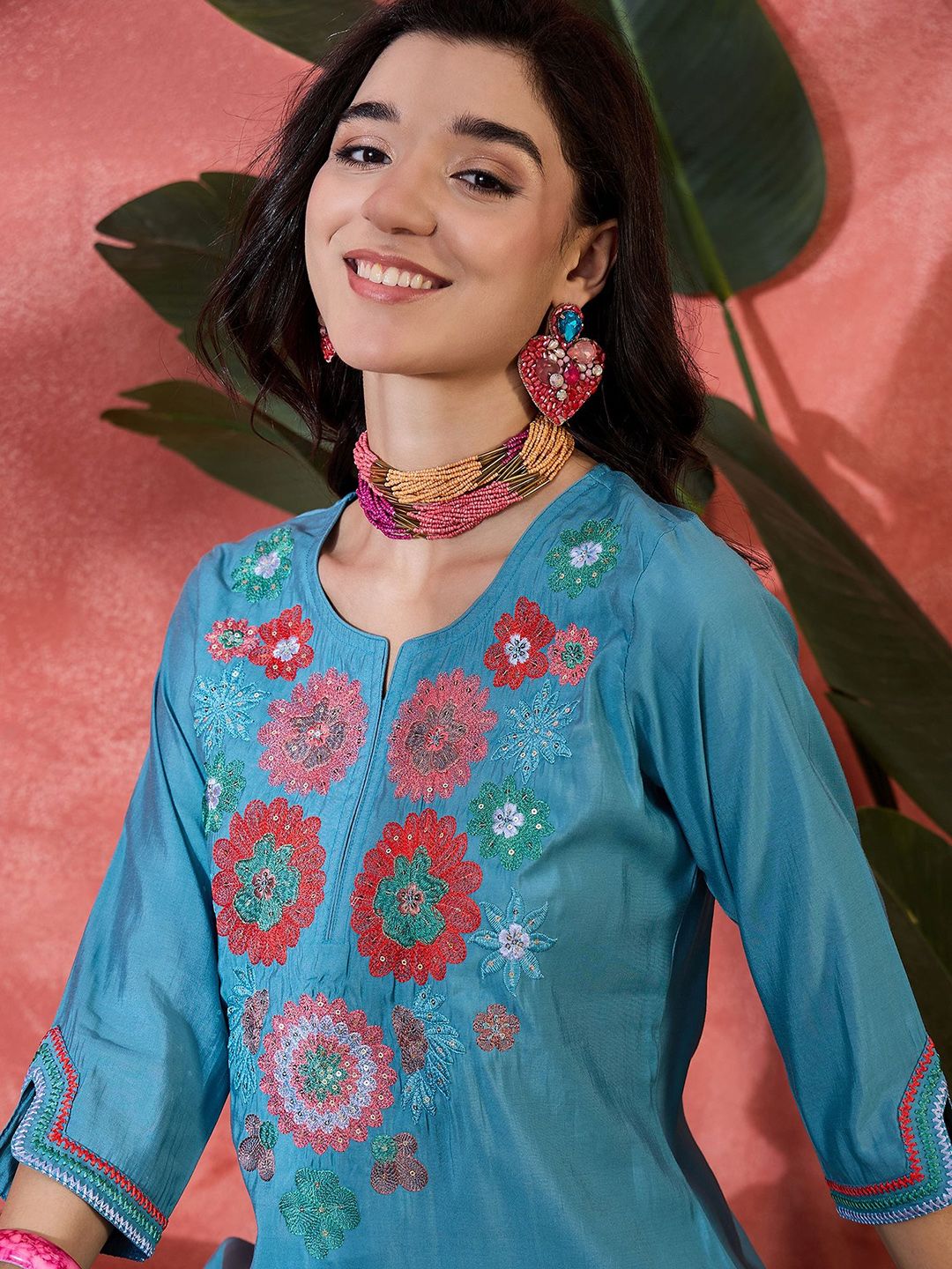 Dhiyona SN Women's Floral Yoke Design Notch Neck Sequinned Straight Kurta With Trouser