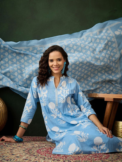 Dhiyona SN Women's Blue Floral Printed Mandarin Collar Pure Cotton Kurta With Trouser & Dupatta