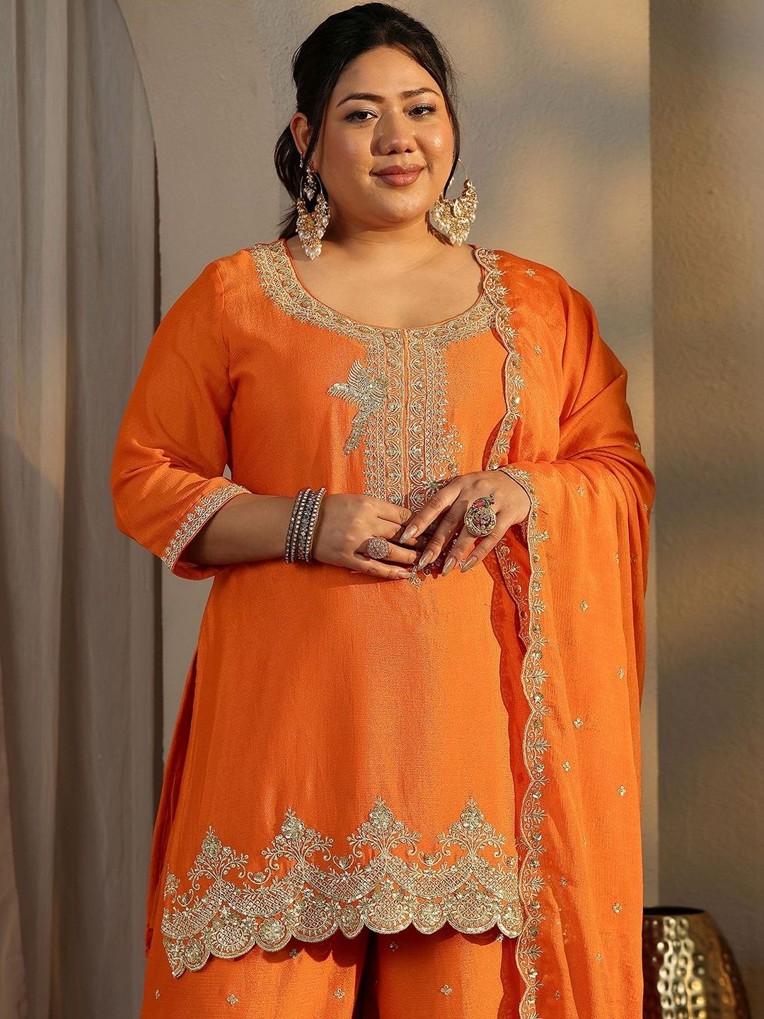 Dhiyona Women's Plus Size Ethnic Motifs Embroidered Kurta with Palazzo & Dupatta