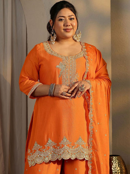 Dhiyona Women's Plus Size Ethnic Motifs Embroidered Kurta with Palazzo & Dupatta