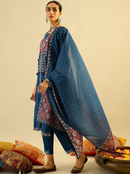 Dhiyona IE Ethnic Motifs Printed Pure Cotton Straight Kurta With Trousers & Dupatta