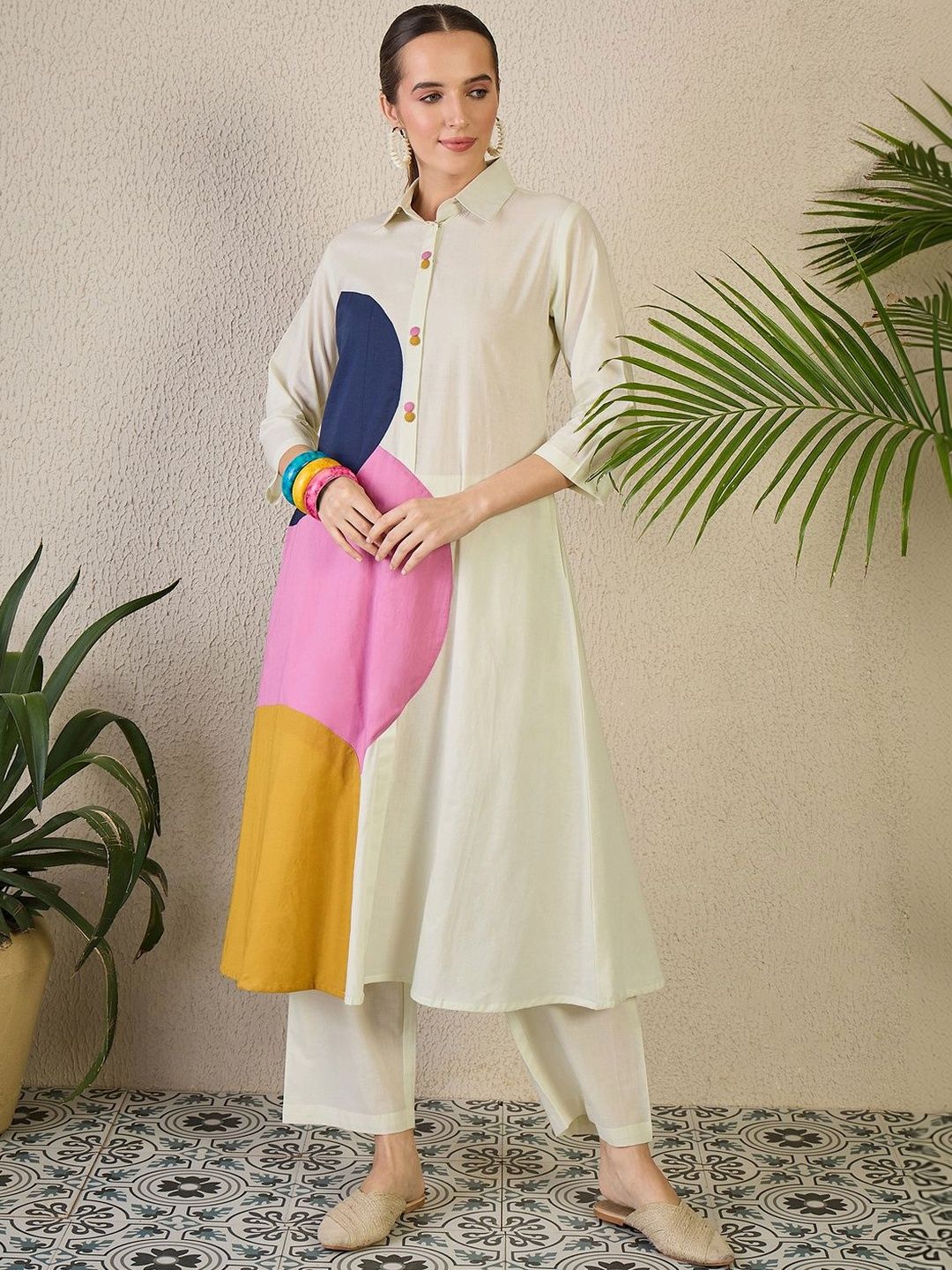 Women Colourblocked Regular Pure Cotton Kurta with Trousers