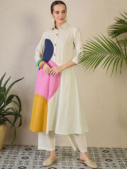 Women Colourblocked Regular Pure Cotton Kurta with Trousers