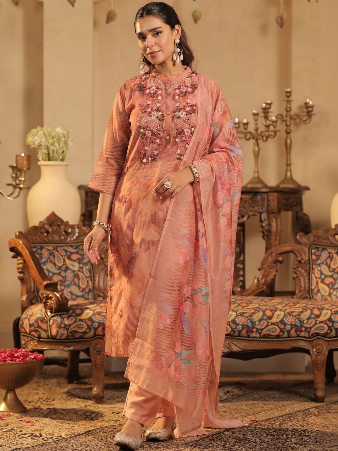 Women Floral Embroidered Regular Thread Work Chanderi Cotton Kurta with Trousers & With Dupatta