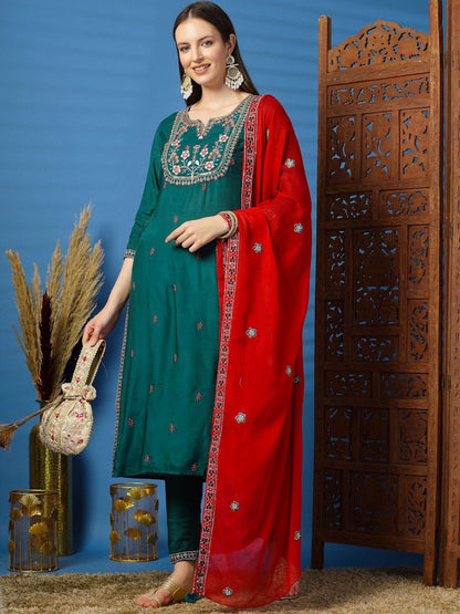 Dhiyona SN Women's Floral Embroidered Sequinned Straight Kurta with Trouser & Dupatta
