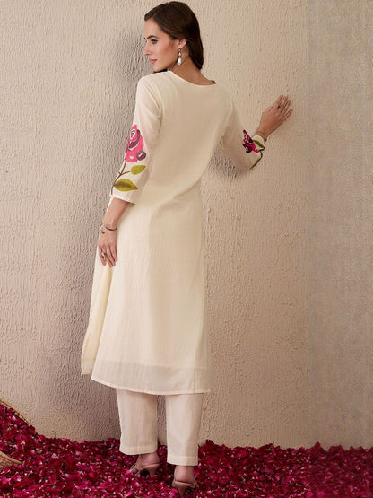 Women Floral Printed Round Neck Pure Cotton Pleated Kurta with Trousers