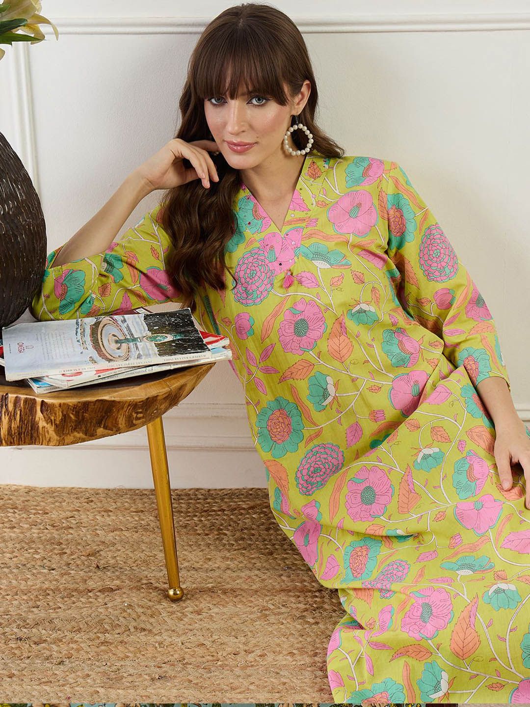 Dhiyona IE Floral Printed Pure Cotton V-Neck Top With Trousers Co-Ords