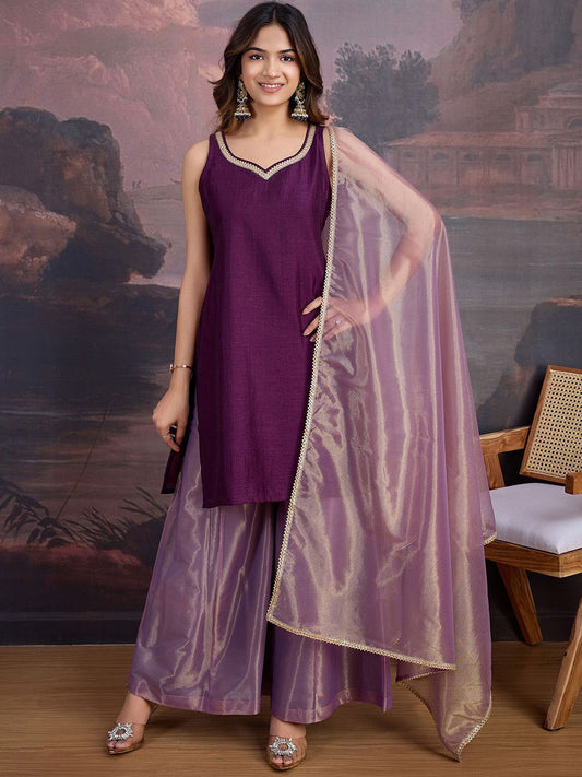 Dhiyona PD Women Gotta Patti Sweetheart Neck Sleeveless Kurta And Palazzo With Dupatta