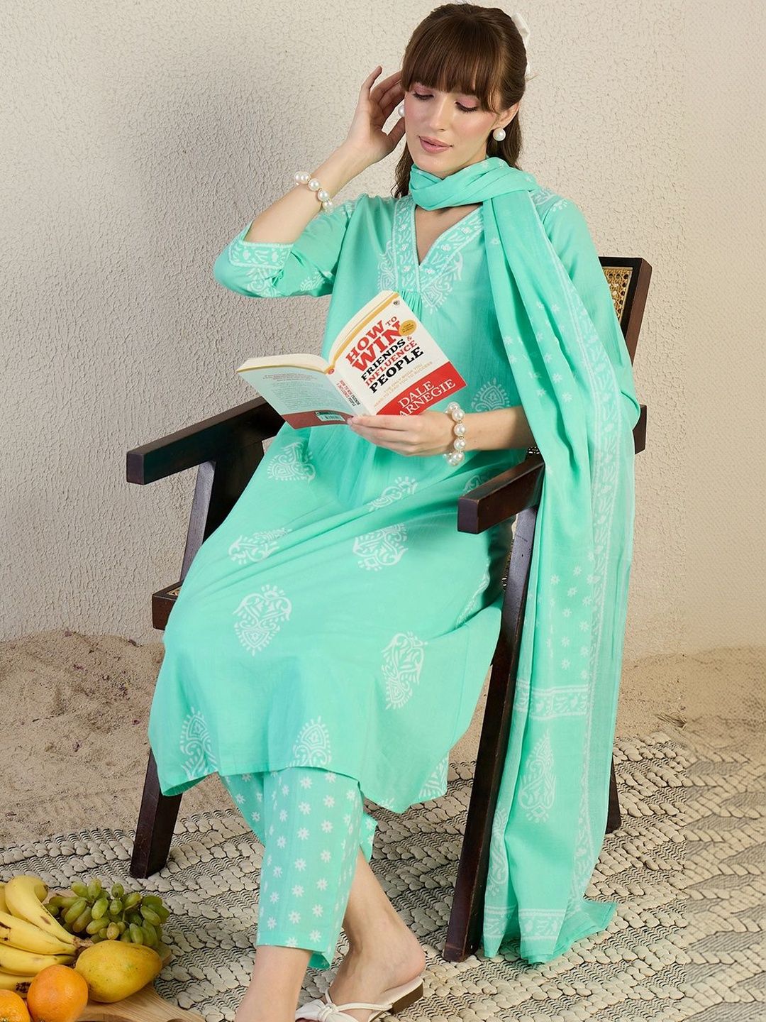 Women Ethnic Motifs Printed Regular Thread Work Pure Cotton Kurta with Trousers & With Dupatta