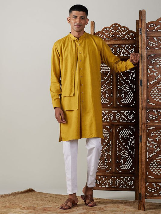 Men's Mustard Cotton Straight Kurta Pyjama Set
