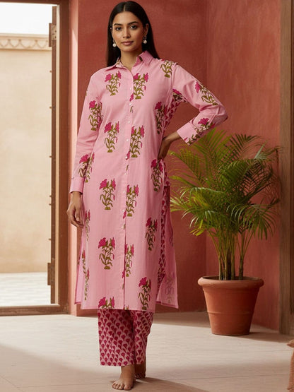 Floral Printed Shirt Collar Pure Cotton Straight Kurta With Trousers