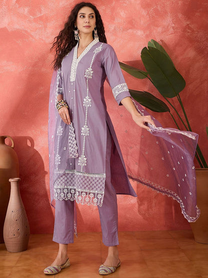 Dhiyona SN Women's Floral Embroidered V-Neck Mirror Work Pure Cotton Kurta With Trouser & Dupatta