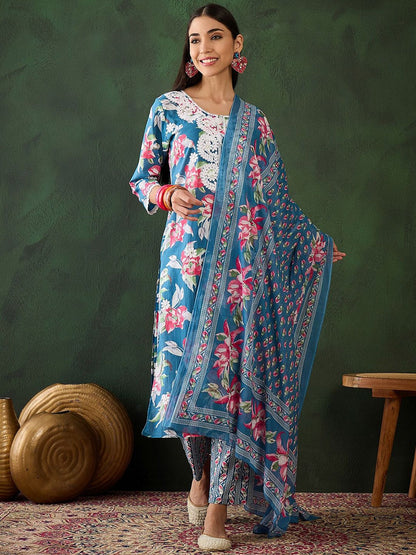 Dhiyona SN Women's Floral Embroidered Pure Cotton Straight Kurta With Trouser & Dupatta