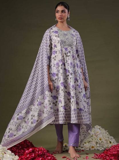 Dhiyona IE Round Neck Floral Printed Empire Sequinned Cotton Kurta with Trouser & Dupatta