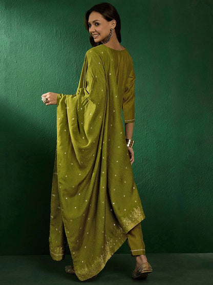 Dhiyona SN Women's Floral Embroidered Straight Kurta with Trousers & Dupatta