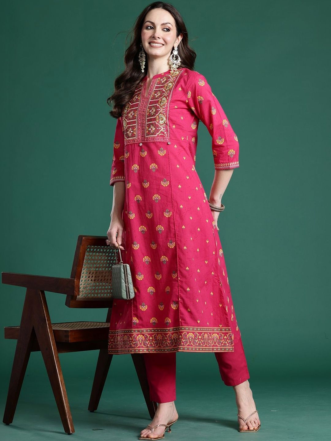 Women Ethnic Motifs Printed Panelled Thread Work Pure Cotton Kurta with Trousers