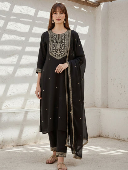 Dhiyona CH Women Ethnic Motifs Embroidered Regular Kurta with Trousers & With Dupatta