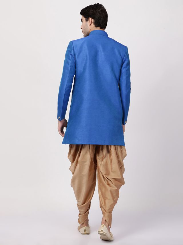 Men's Blue Silk Blend Straight Sherwani Set