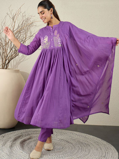Floral Embroidered Anarkali Thread Work Pure Cotton Kurta With Trousers & Dupatta