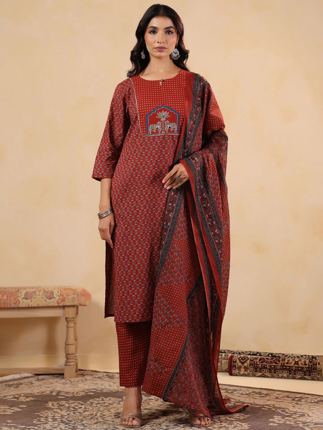 Women Ethnic Motifs Printed Cotton Kurta with Trousers & Dupatta