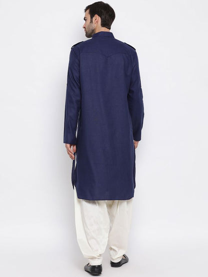 Men's Blue Cotton Blend Pathani Pathani Kurta Set