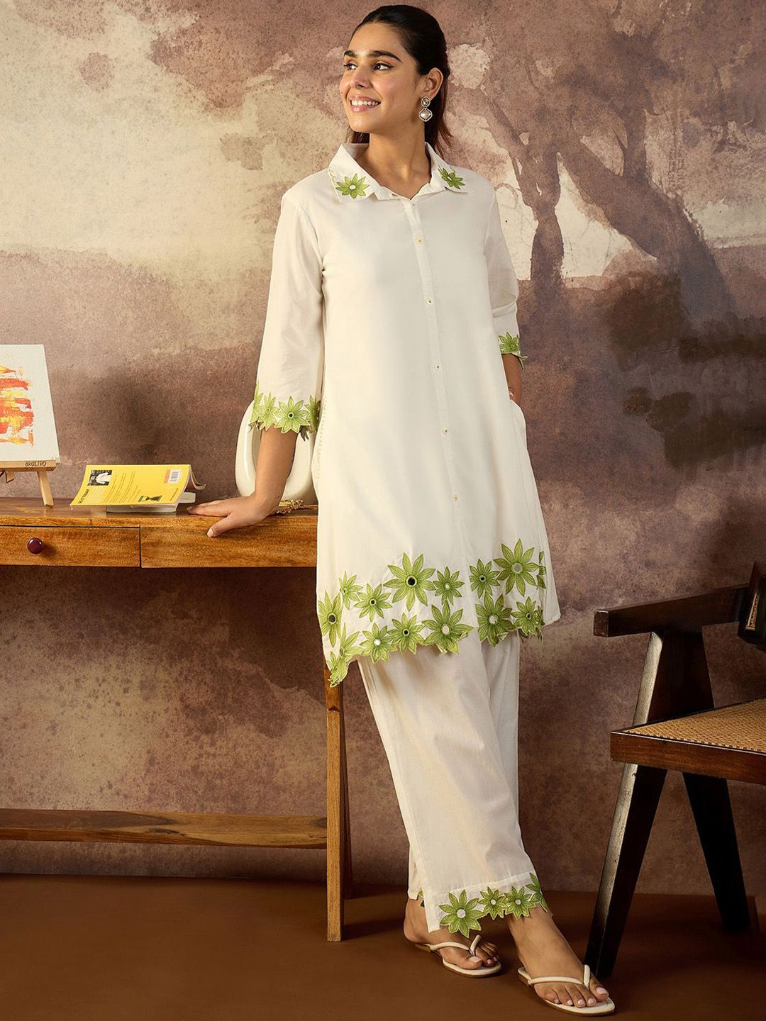 Floral Embroidered Thread Work Pure Cotton Kurta With Palazzo