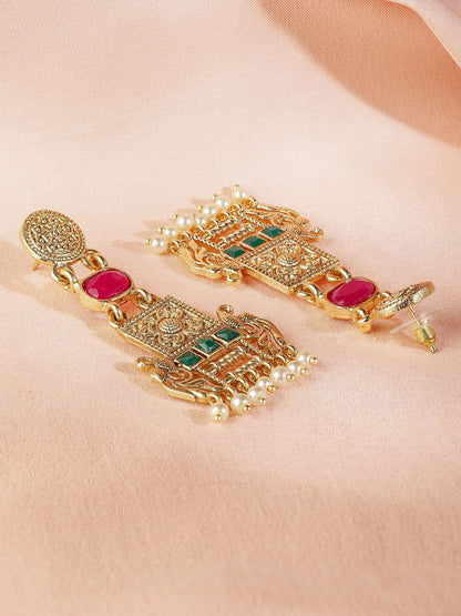 Dhiyona RJ Women's 22K Gold Plated Ruby & Emerald Studded & Pearl Beads Peacock Motif Dangle Earrings