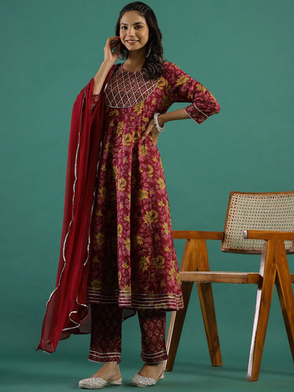 Dhiyona SN Women's Floral Printed Gotta Patti Pure Cotton Anarkali Kurta & Trousers With Dupatta