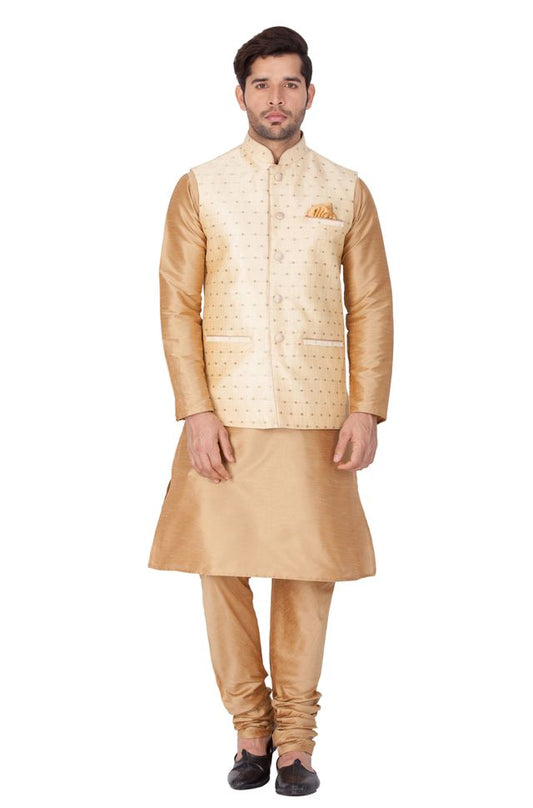 Men's Gold Silk Blend Straight Jacket  Kurta and Pyjama Set