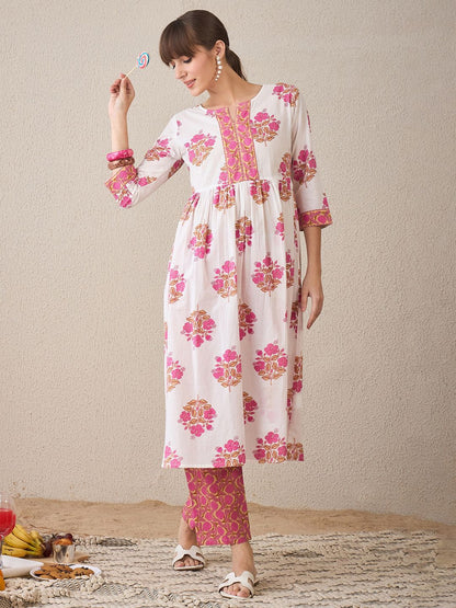 Dhiyona IE Floral Printed Notch Neck Empire Pure Cotton A-Line Kurta With Trouser
