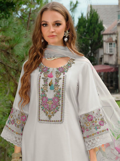 Women Floral Embroidered Regular Thread Work Liva Kurta with Trousers & With Dupatta