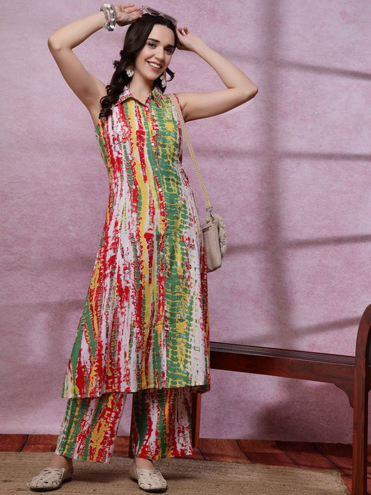 Dhiyona SN Women's Printed Shirt Collar Kurta With Trousers Set