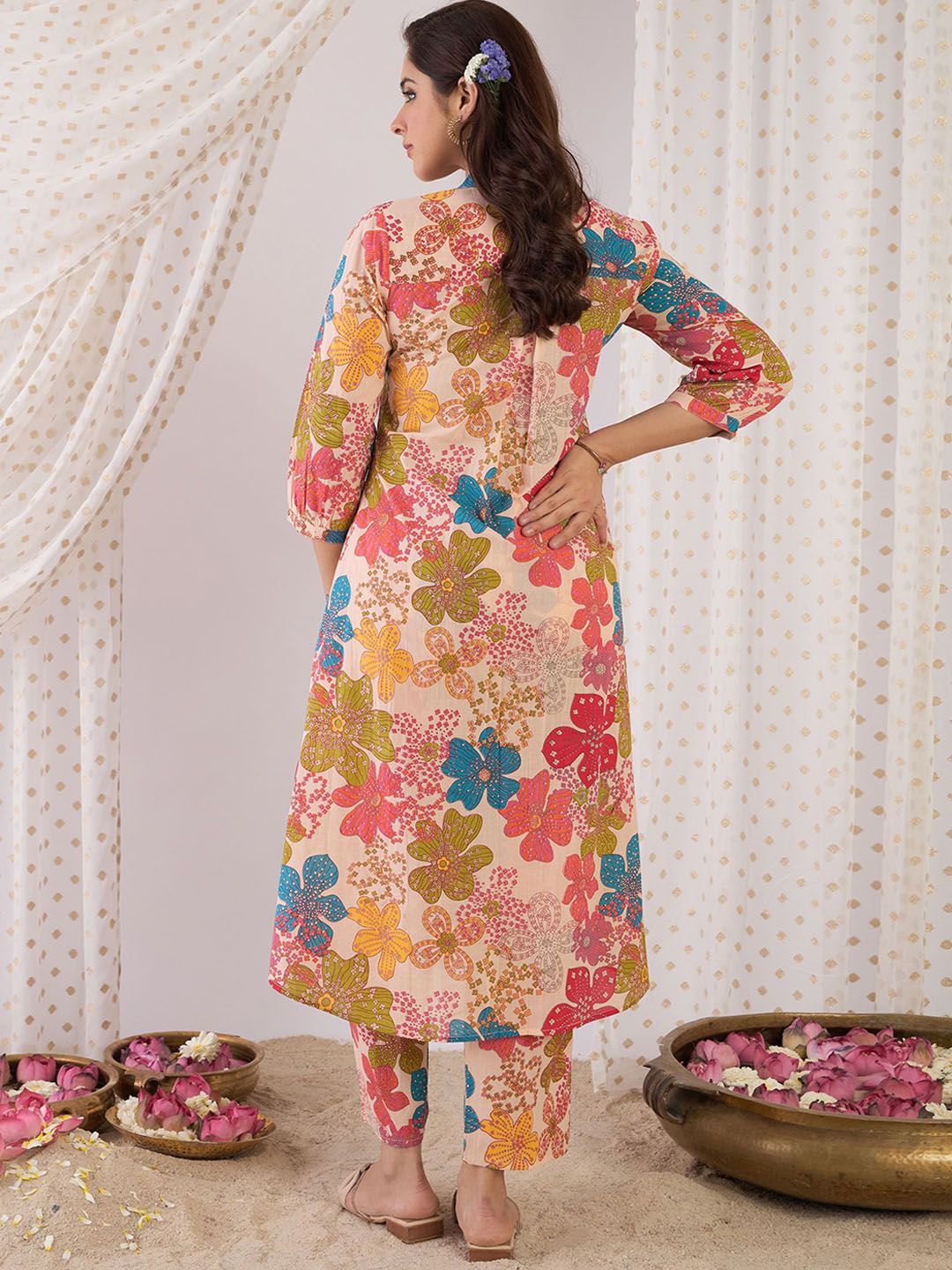 Dhiyona IE Floral Printed Mandarin Collar Pure Cotton A-Line Tunic With Trouser