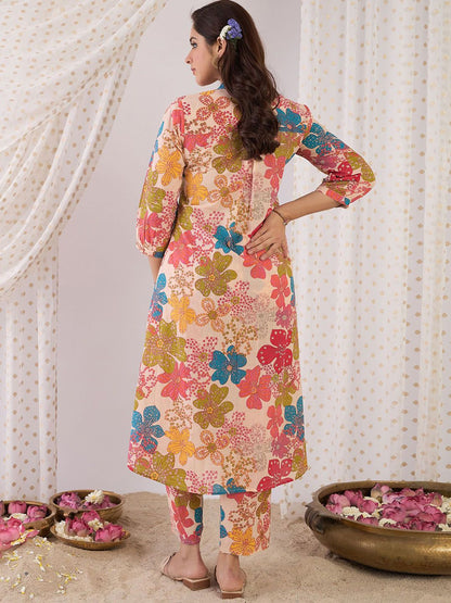 Dhiyona IE Floral Printed Mandarin Collar Pure Cotton A-Line Tunic With Trouser