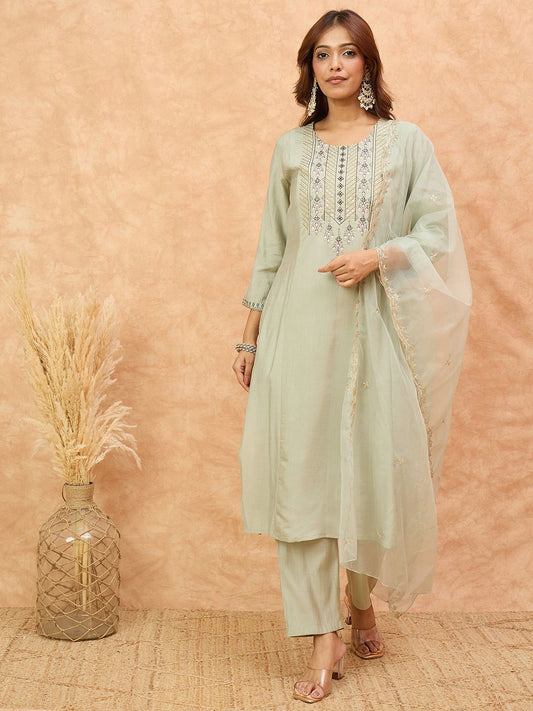 Dhiyona VA Women'sEthnic Motifs Yoke Design Thread Work Straight Kurta With Trousers & Dupatta