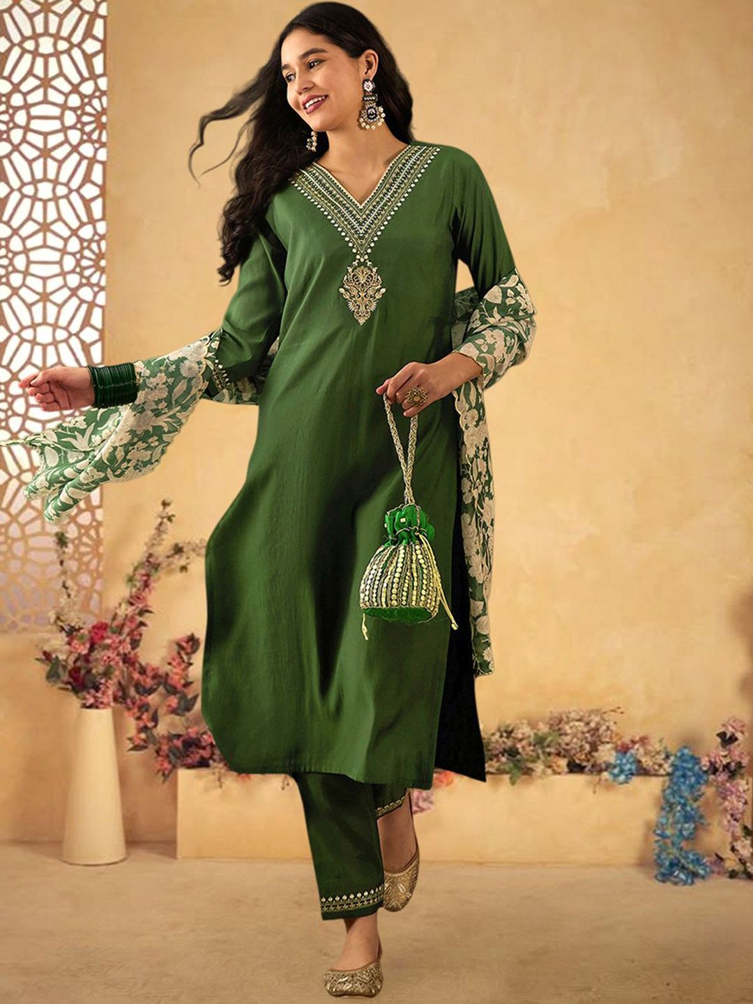 Dhiyona SN Women's Floral Yoke Design V-Neck Mirror Work Straight Kurta With Trouser & Dupatta