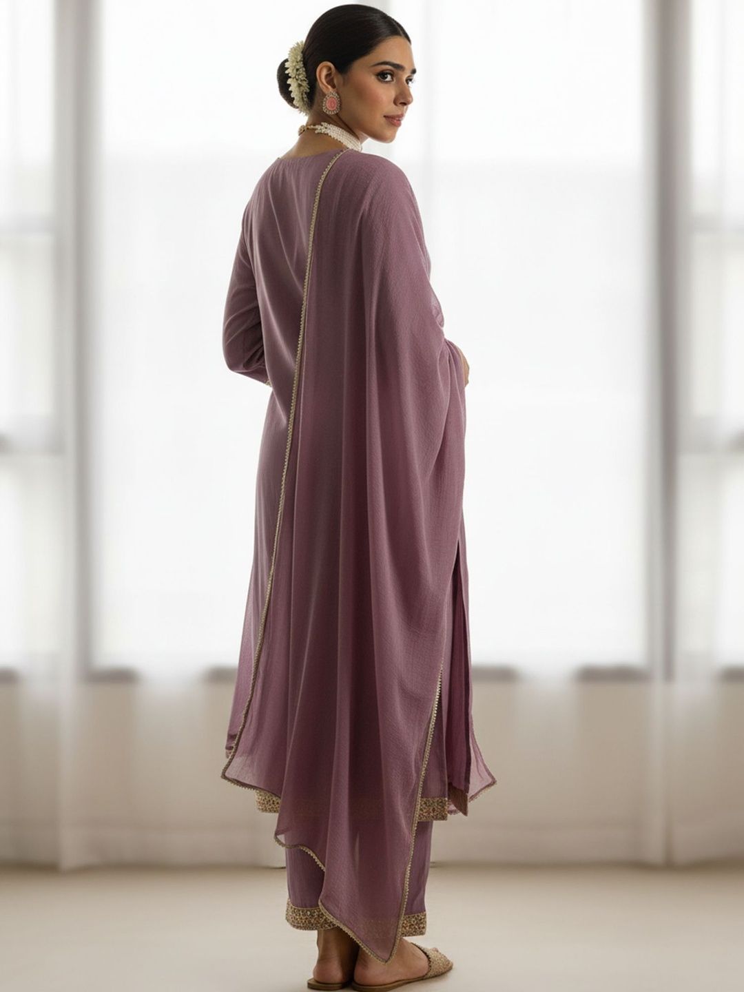 Floral Embroidered Thread Work Straight Kurta With Trouser & Dupatta