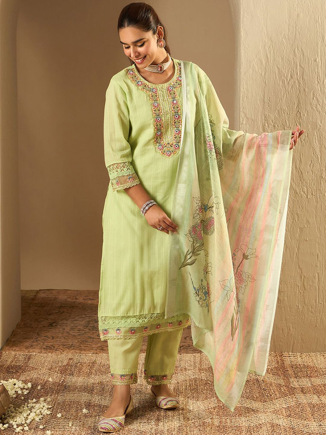 Floral Embroidered Pure Cotton Straight Kurta With Trousers & Dupatta